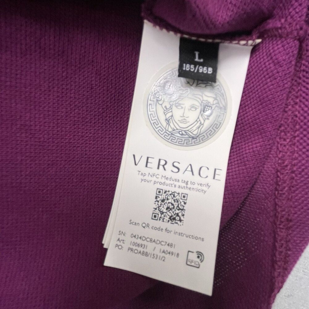 Versace Polo Shirt Men's L Purple Textured Collar Short Sleeve Chest Logo Knit - Picture 9 of 13